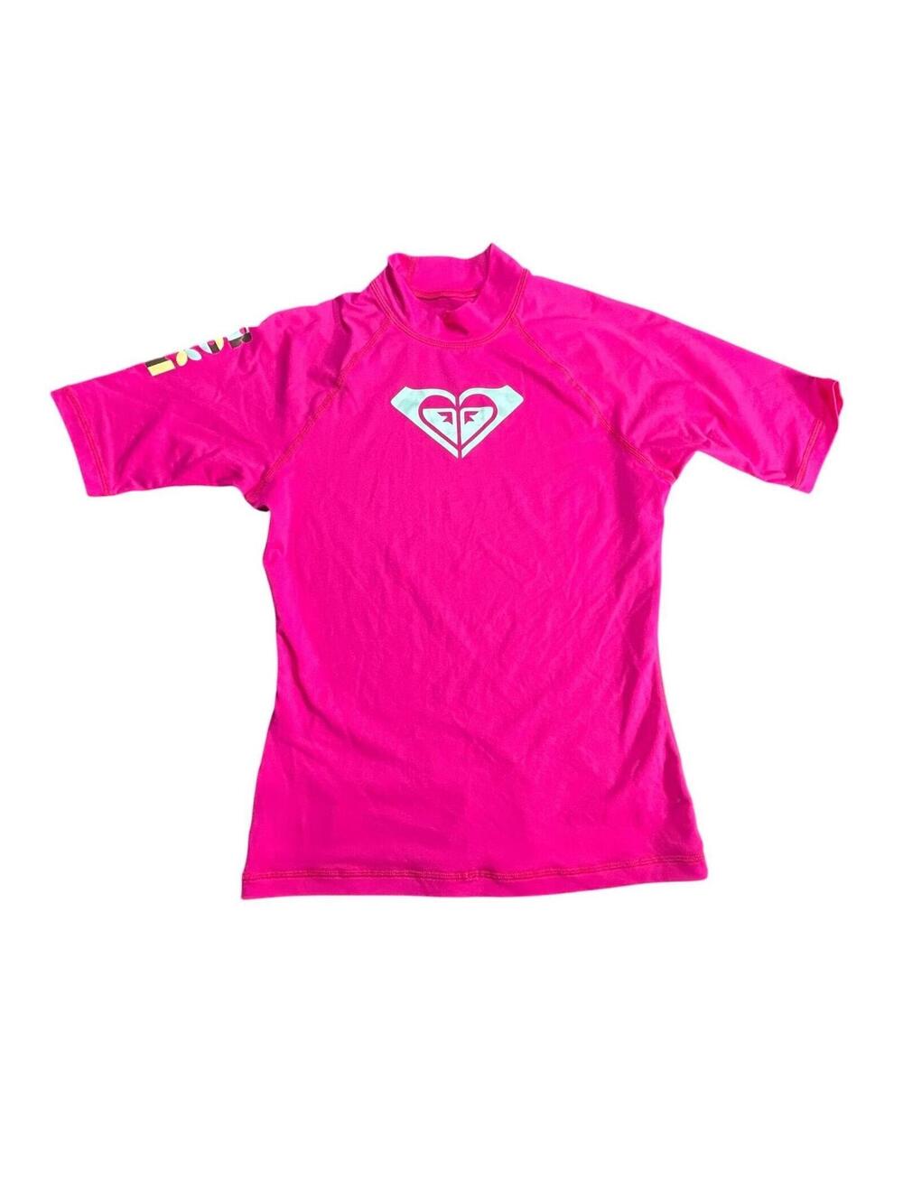 ROXY girls hot pink short sleeve rashguard beach sun protection shirt size 10